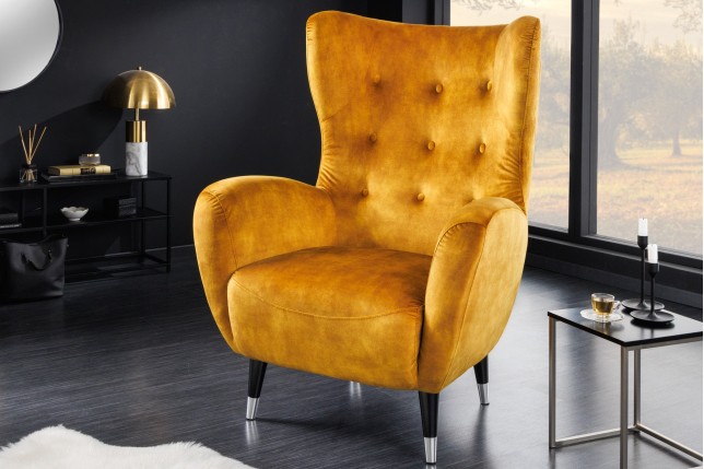 Fauteuil bergère DON velours moutarde et embouts argentés
