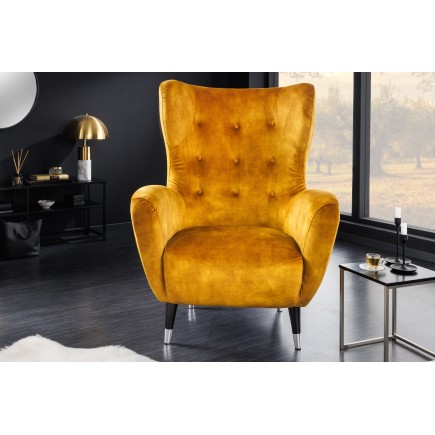 Fauteuil bergère DON velours moutarde et embouts argentés 2
