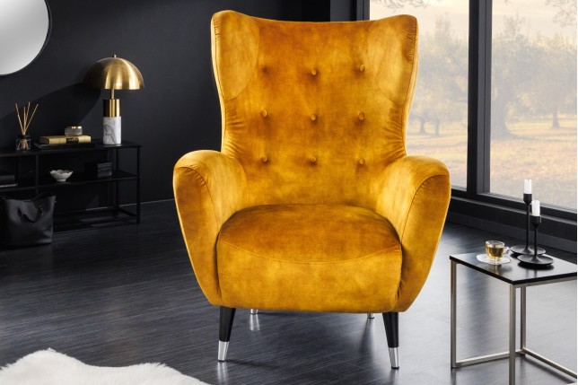 Fauteuil bergère DON velours moutarde et embouts argentés