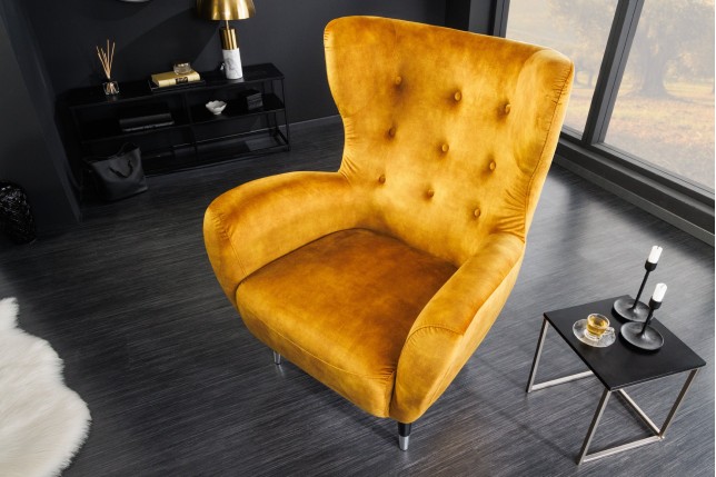 Fauteuil bergère DON velours moutarde et embouts argentés