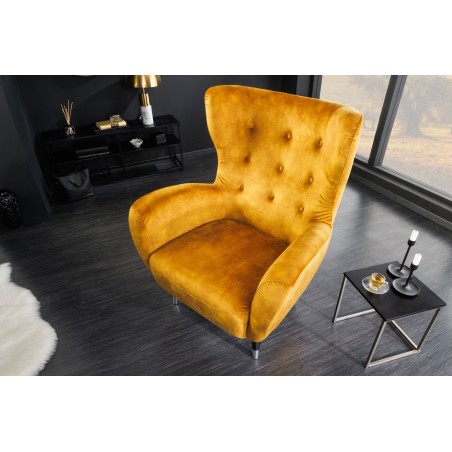 Fauteuil bergère DON velours moutarde et embouts argentés