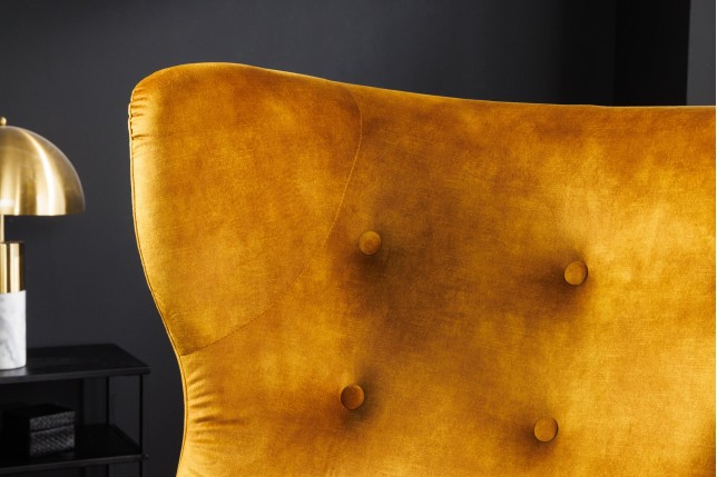 Fauteuil bergère DON velours moutarde et embouts argentés