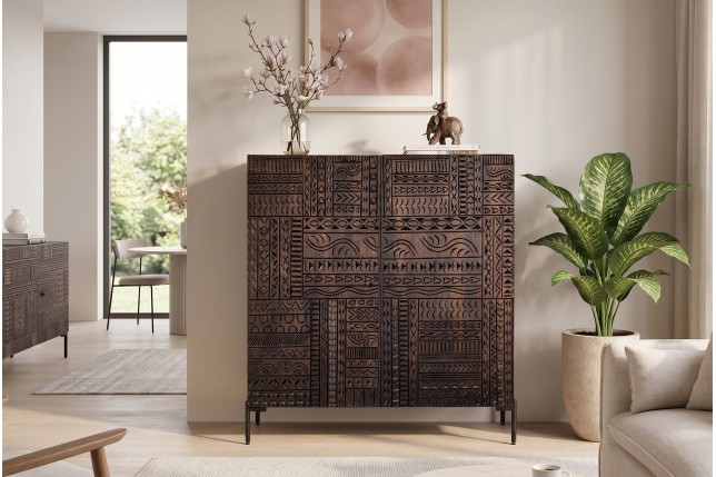Highboard TRIBAL 120cm Manguier Massif Brun Foncé