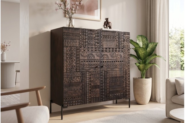 Highboard TRIBAL 120cm Manguier Massif Brun Foncé