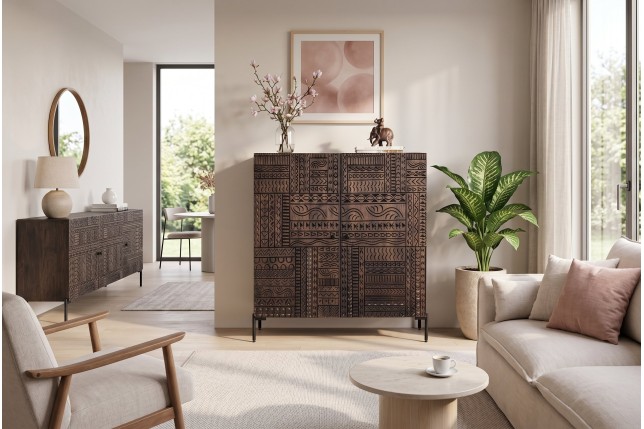 Highboard TRIBAL 120cm Manguier Massif Brun Foncé