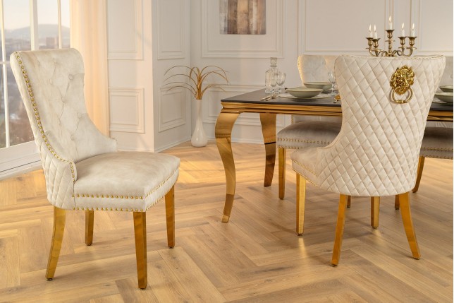 Chaise CASTLE velours beige pieds dorés style baroque