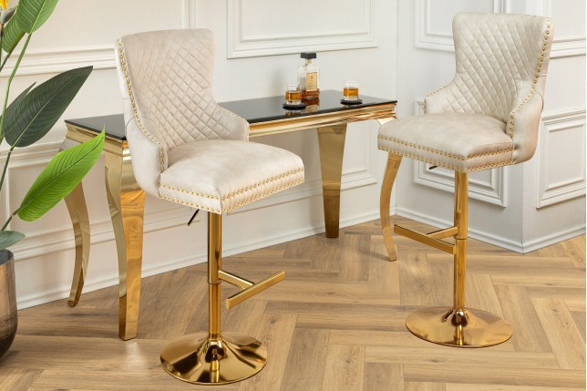 Tabouret de bar CASTLE velours beige baroque pieds dorés