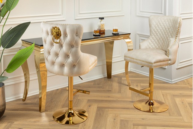 Tabouret de bar CASTLE velours beige baroque pieds dorés