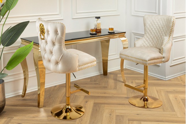 Tabouret de bar CASTLE velours beige baroque pieds dorés