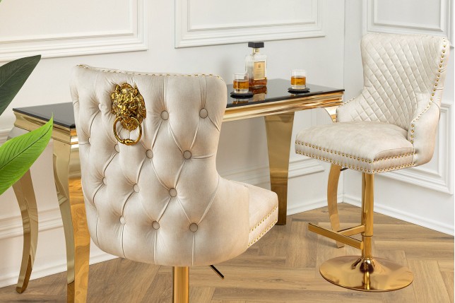 Tabouret de bar CASTLE velours beige baroque pieds dorés