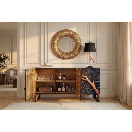 Buffet bas FOREST 160cm manguier massif noir marron 3D 2