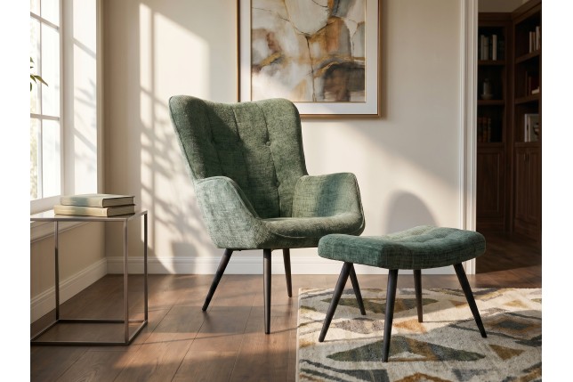 Fauteuil SCANDINAVIA chenille vert et pieds métal noir