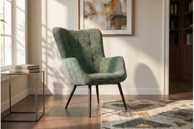 Fauteuil SCANDINAVIA chenille vert et pieds métal noir