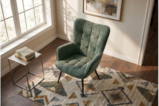Fauteuil SCANDINAVIA chenille vert et pieds métal noir