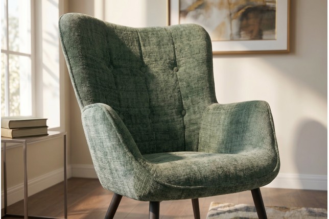 Fauteuil SCANDINAVIA chenille vert et pieds métal noir