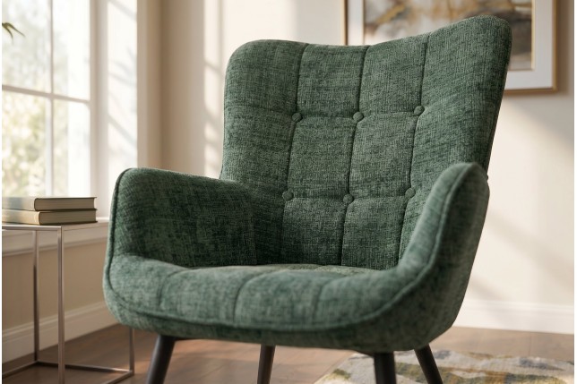 Fauteuil SCANDINAVIA chenille vert et pieds métal noir