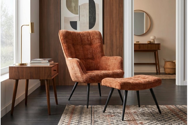 Fauteuil SCANDINAVIA chenille brun rouille, pieds noirs
