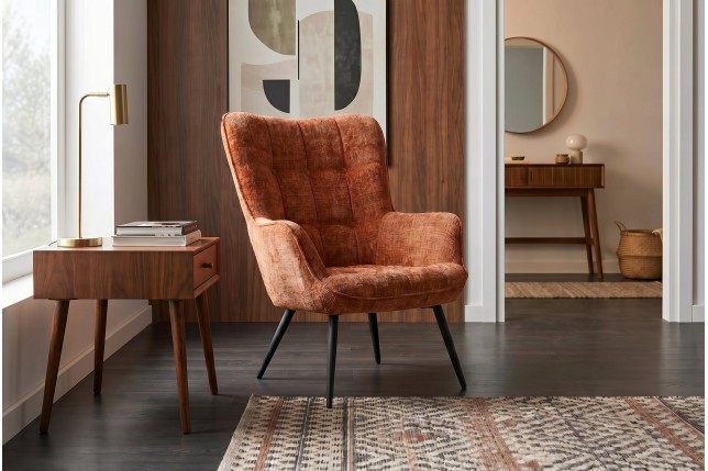 Fauteuil SCANDINAVIA chenille brun rouille, pieds noirs