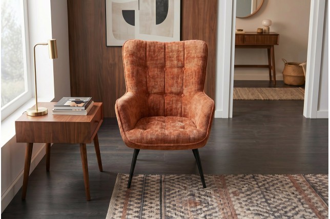 Fauteuil SCANDINAVIA chenille brun rouille, pieds noirs