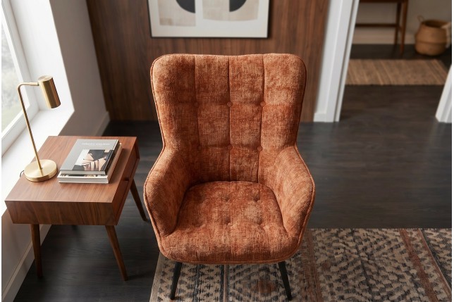 Fauteuil SCANDINAVIA chenille brun rouille, pieds noirs