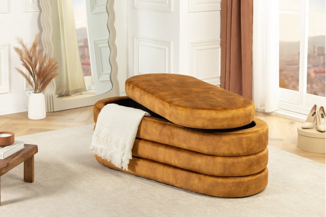 Banc coffre VOQUE velours jaune moutarde 115cm - Rangement