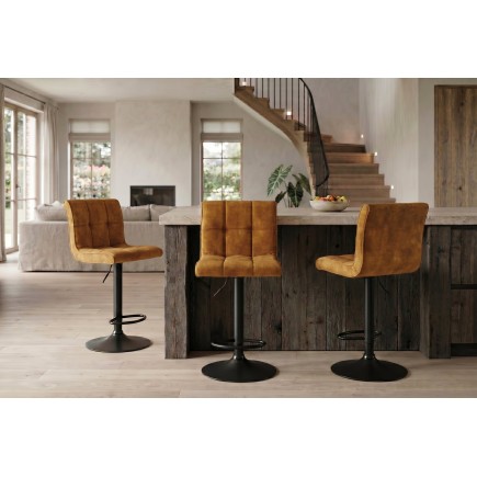 Tabouret de bar MODENA velours moutarde pivotant 360°