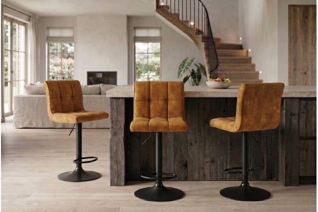 Tabouret de bar MODENA velours moutarde pivotant 360°