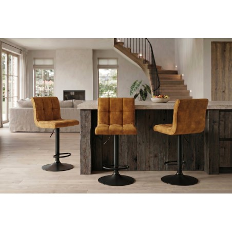 Tabouret de bar MODENA velours moutarde pivotant 360°