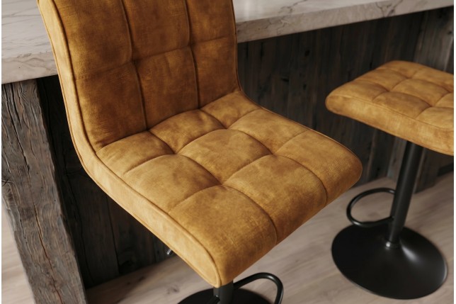 Tabouret de bar MODENA velours moutarde pivotant 360°