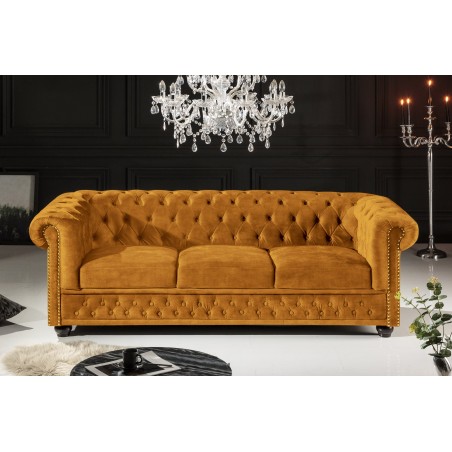 Canapé Chesterfield 3 places velours jaune moutarde 205cm