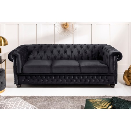 Canapé Chesterfield 205cm Velours Noir 3 Places