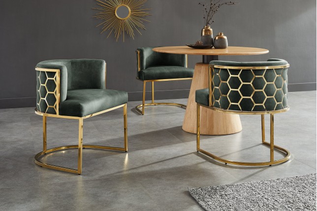 Chaise ELEGANCE velours vert et pieds dorés inox