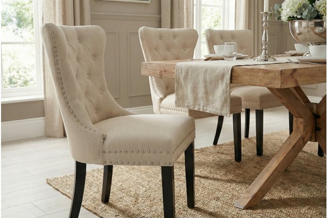 Chaise CASTLE lin beige style baroque - Lot de 2