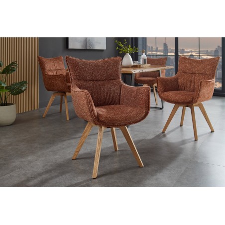 Fauteuil pivotant VOGUE 360° tissu brun rouille pieds chêne