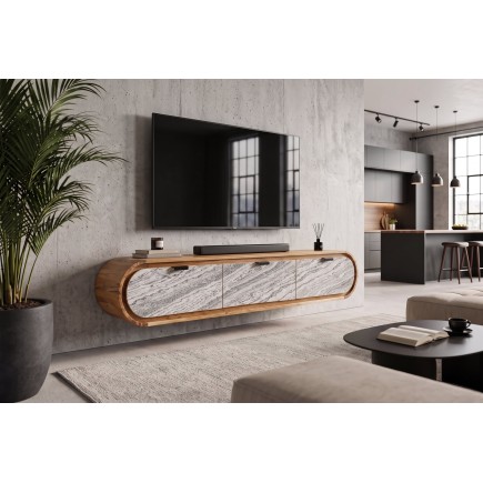 Meuble TV ORGANIC 160cm suspendu acacia massif effet pierre