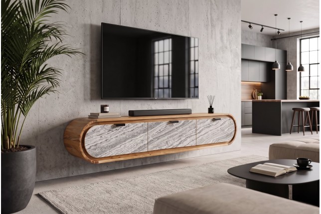 Meuble TV ORGANIC 160cm suspendu acacia massif effet pierre