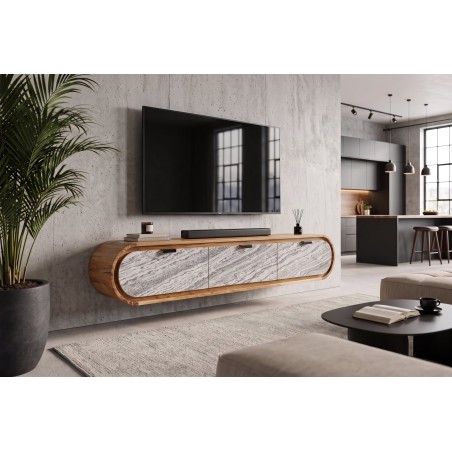Meuble TV ORGANIC 160cm suspendu acacia massif effet pierre