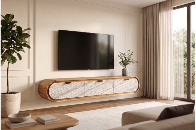 Meuble TV ORGANIC 160cm suspendu acacia massif effet pierre