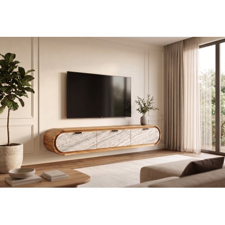 Meuble TV ORGANIC 160cm suspendu acacia massif effet pierre