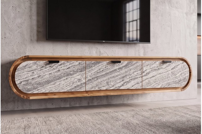 Meuble TV ORGANIC 160cm suspendu acacia massif effet pierre