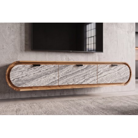 Meuble TV ORGANIC 160cm suspendu acacia massif effet pierre