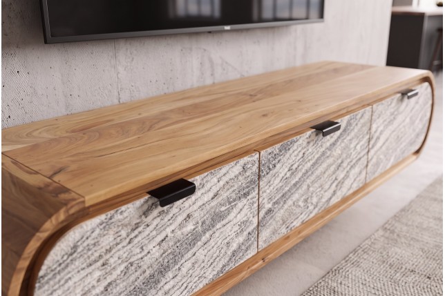 Meuble TV ORGANIC 160cm suspendu acacia massif effet pierre