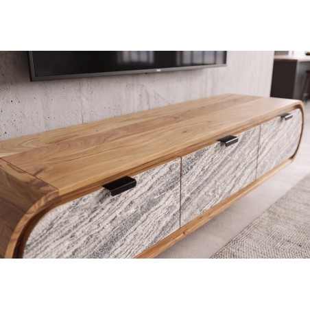 Meuble TV ORGANIC 160cm suspendu acacia massif effet pierre