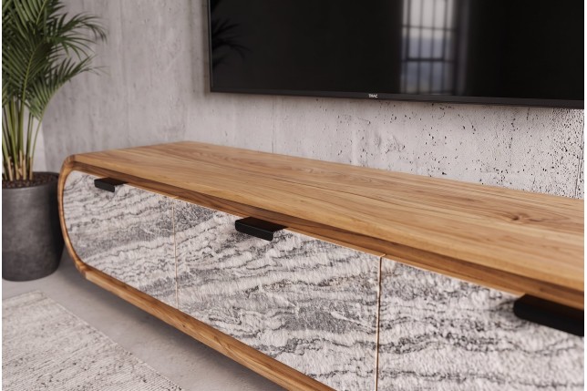Meuble TV ORGANIC 160cm suspendu acacia massif effet pierre