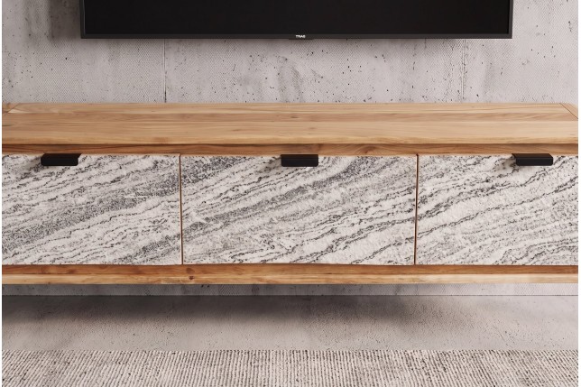Meuble TV ORGANIC 160cm suspendu acacia massif effet pierre