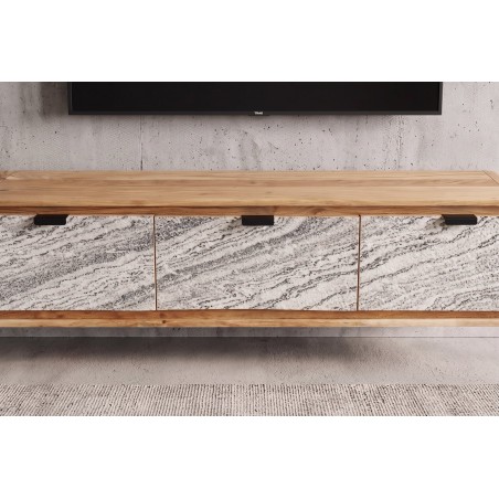 Meuble TV ORGANIC 160cm suspendu acacia massif effet pierre