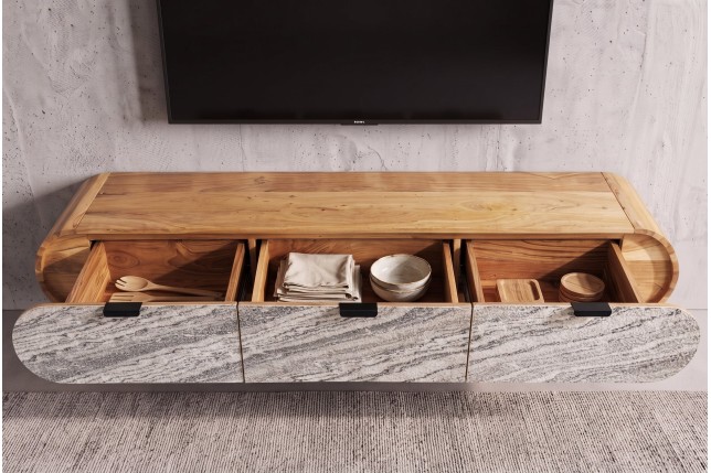 Meuble TV ORGANIC 160cm suspendu acacia massif effet pierre