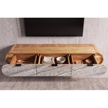 Meuble TV ORGANIC 160cm suspendu acacia massif effet pierre