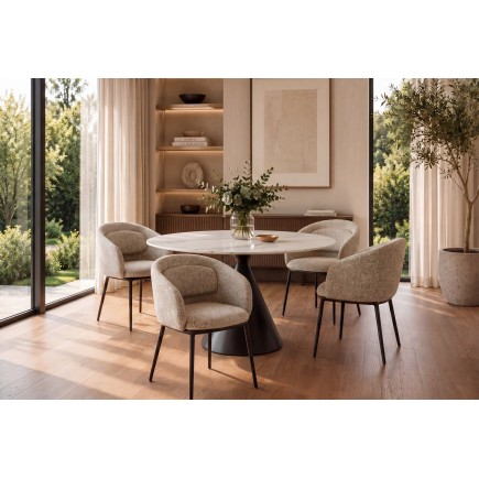 Chaise FLORENZ accoudoirs tissu beige brun, pieds métal noir