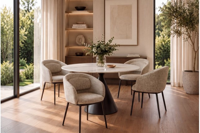 Chaise FLORENZ accoudoirs tissu beige brun, pieds métal noir